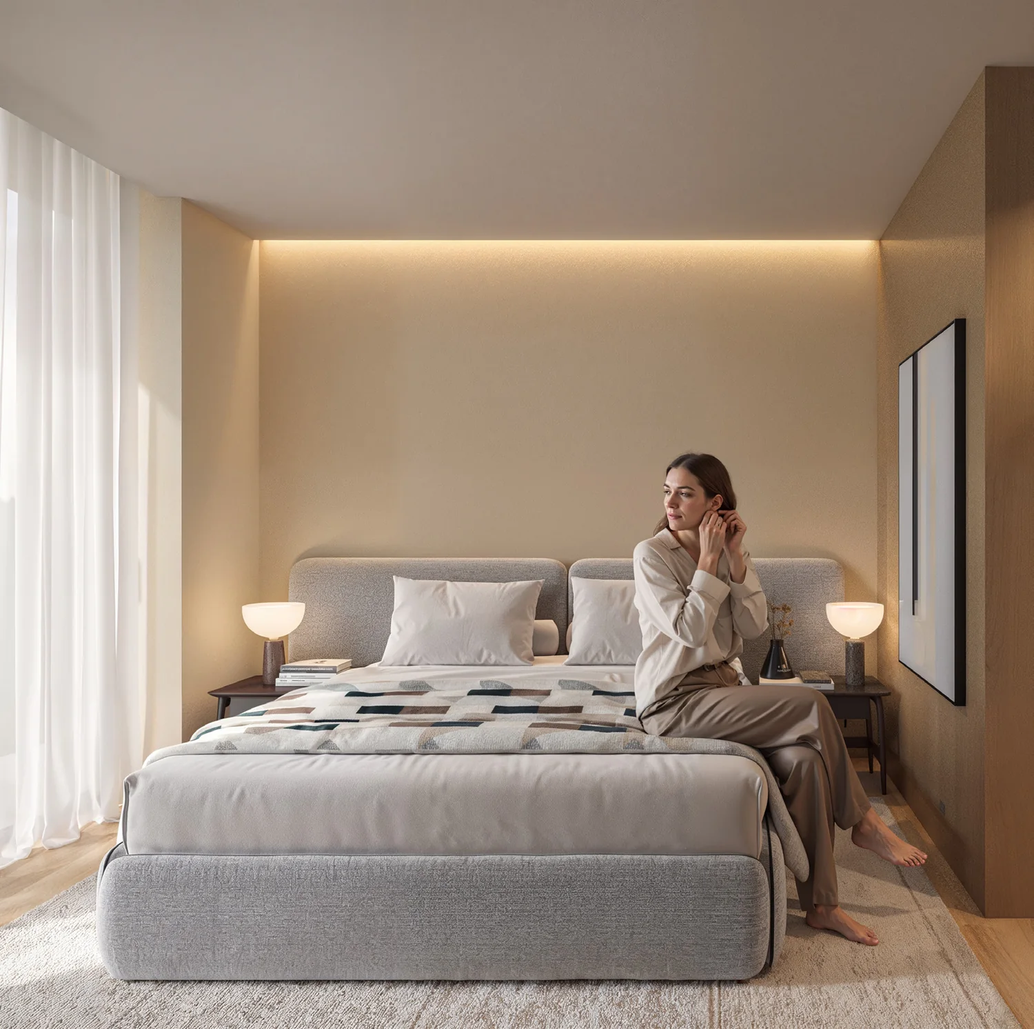 Quarto com iluminação indireta e cabeceira estofada