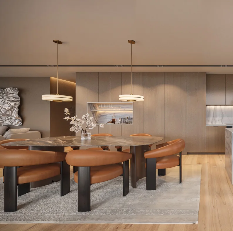 Sala de jantar com mesa em madeira e suspensões
