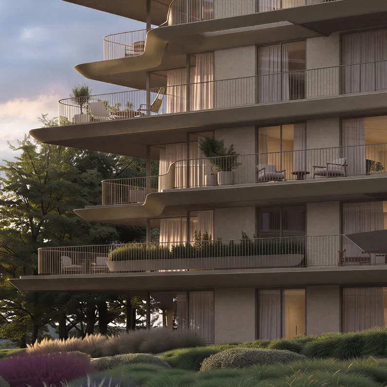 Fachada ao entardecer com jardim