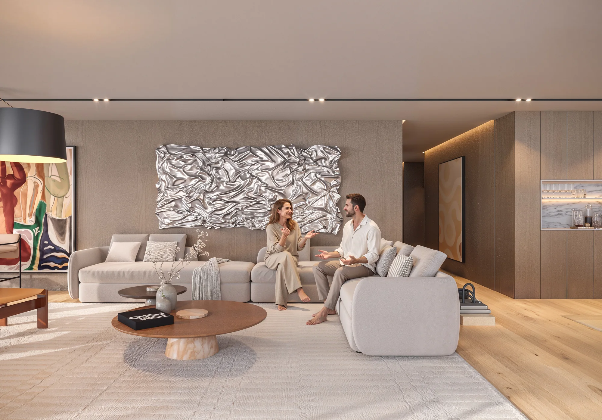 Sala de estar ampla com sofá modular, iluminação indireta e painel de arte
